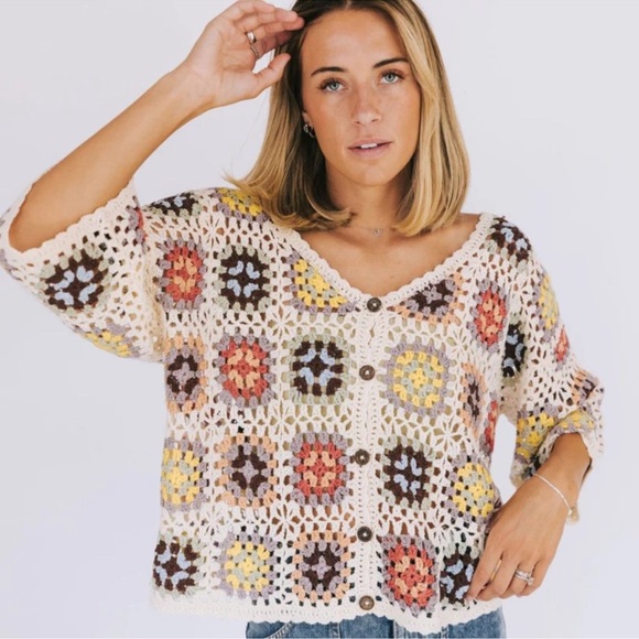 POL Sweaters - POL One Loved Babe Tender Moments Patchwork Grandma Square Crochet Cardigan